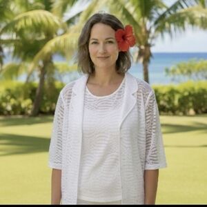 Valentina Women 2 pc white gem sequin stretch tank & jacket sheer lattice shirt